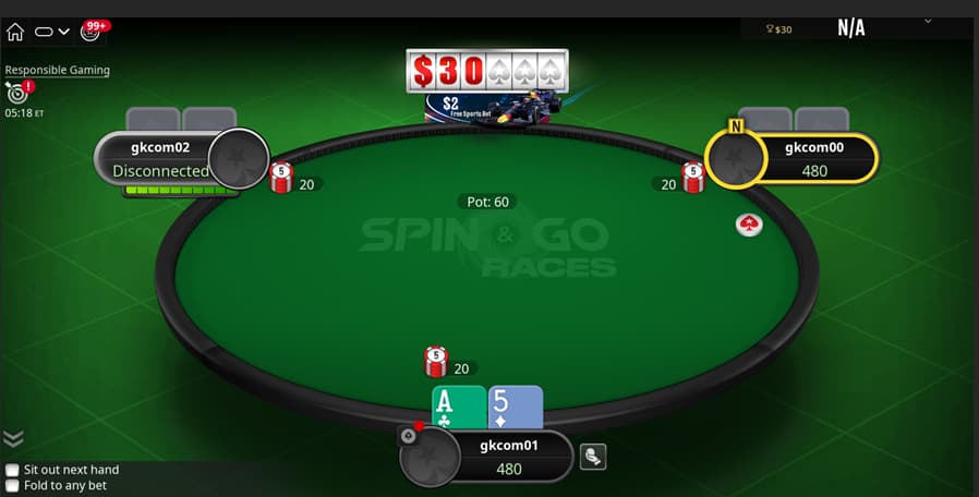 A screenshot of 3 handed Spin & Go online poker table on PokerStars