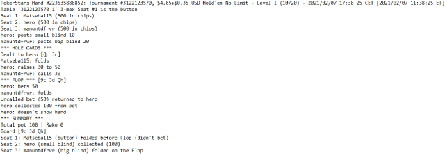 A text file showing how poker hand is saved