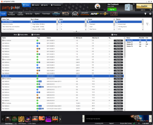Cash games lobby on Party Poker