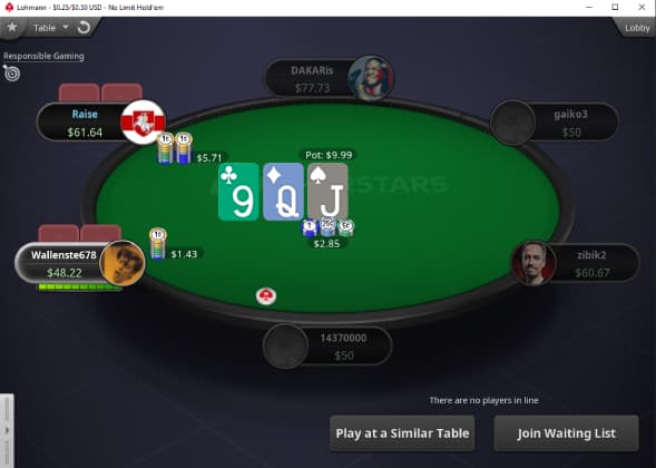 Cash game poker table on PokerStars