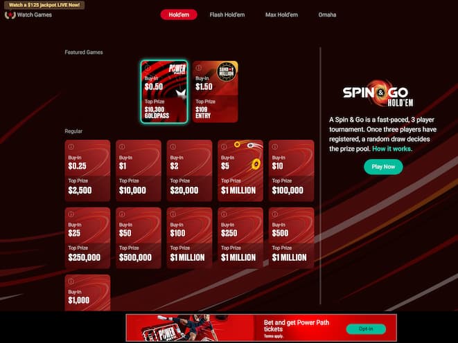 Spin & Go poker lobby in the PokerStars software