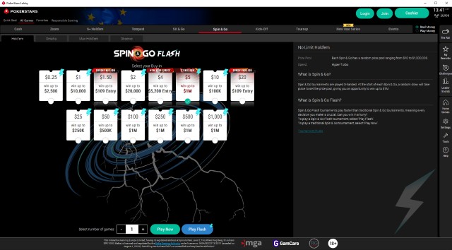 Spin & Go poker lobby at PokerStars