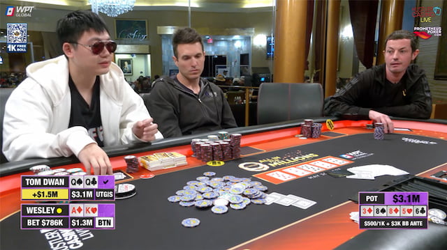 A picture of the biggest poker hand between Tom Dwan and Wesley Fei