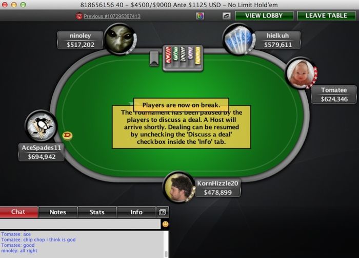 A picture of a PokerStars final table and discussion on making a deal